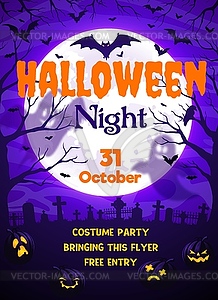 Halloween holiday party flyer with moon and bats - vector image