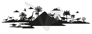 Prehistoric dinosaurs landscape black silhouette - vector image