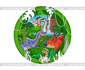 Paper cut prehistoric era landscape with dinosaurs - vector image