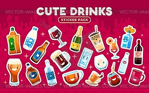 Cartoon water, milk, coffee and tea drink stickers - vector clip art