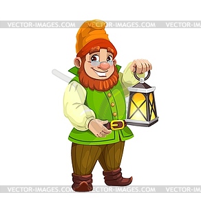 Cartoon gnome character with glowing lantern - vector clipart