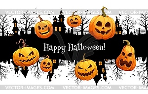 Grunge Halloween banner, abandoned town, pumpkins - vector clip art