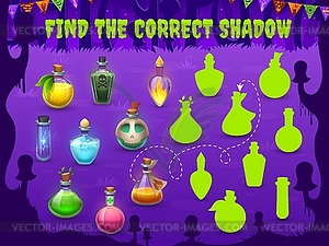 Find correct shadow of witch potion bottles - vector image