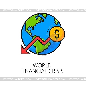 World financial crisis icon, down graph and globe - vector clipart