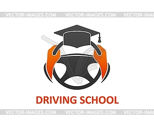 Driving school, car steering wheel, graduate cap - vector clip art