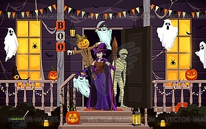 Halloween cartoon scary characters on door porch - vector clipart / vector image