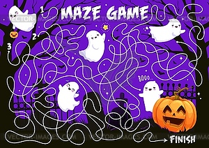 Help to Halloween ghosts find pumpkin maze game - vector image