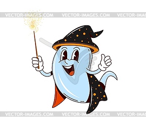 Cartoon groovy Halloween ghost boo with magic wand - vector clipart