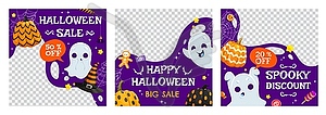 Halloween sale banner templates with kawaii ghosts - vector image