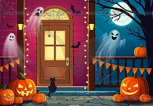 Realistic Halloween ghosts, scary pumpkin lanterns - vector image