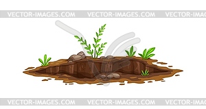 Ground hole, deep dirty pit in soil or mud surface - vector image