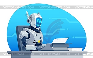 AI robot writer character typing on typewriter - vector image