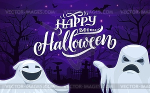 Halloween ghosts on cemetery, party banner - vector image