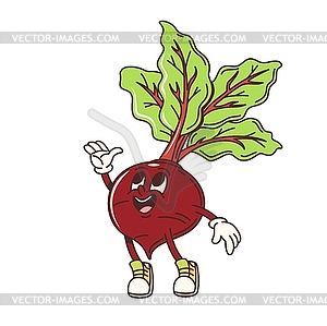 Cartoon groovy beet vegetable with vibrant leaves - vector image