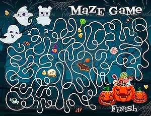 Halloween labyrinth maze, help to ghost find exit - vector image