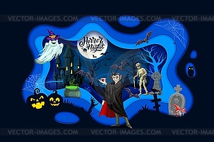 Halloween banner with vampire, pumpkin and ghost - vector clip art