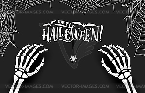 Halloween banner with skeleton hands and spider - vector image