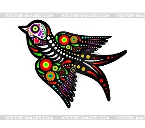 Mexican swallow bird animal tattoo, sugar skull - color vector clipart