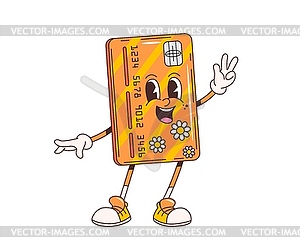 Cartoon retro groovy bank credit card character - vector image