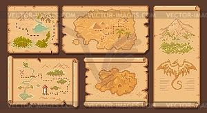 Arcade 8 bit pixel game pirate treasure maps set - vector image