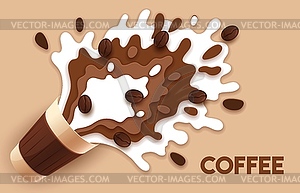 Paper cut coffee cup with milk cream and splash - vector clipart