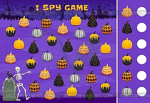 Halloween I spy kids game, pumpkins on cemetery - vector clipart