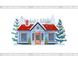 Cartoon Christmas winter house with potted pines - vector image