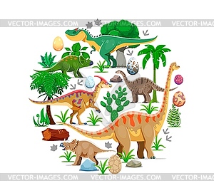 Prehistoric dinosaurs and dino eggs, round banner - vector image