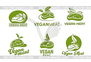 Vegan meat steak icons, plant protein food - vector image