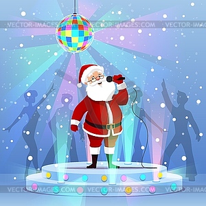 Cartoon Santa singing song on disco club stage - vector image