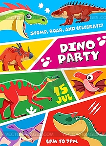 Kids dino party flyer with dinosaurs or funny dino - royalty-free vector image