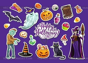 Halloween holiday attributes cartoon stickers - vector clipart