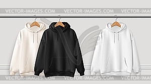 Realistic hoody on rack, 3d sweatshirt sweaters - vector image