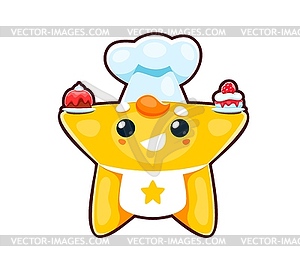 Cute kawaii chef star character with pastry cakes - vector clipart