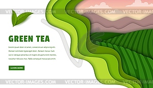 Paper cut tea plantation landing page template - vector clipart