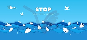 Paper cut environment banner with plastic in sea - vector image