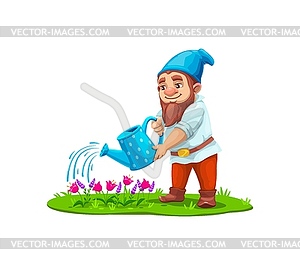 Cartoon gnome dwarf character watering flowers - vector EPS clipart