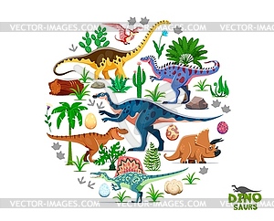 Prehistoric dinosaurs and dino eggs, Jurassic era - vector image