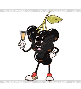 Retro groovy berry character holds champagne glass - vector clipart