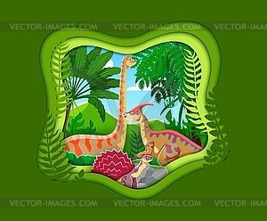 Paper cut landscape with prehistoric dinosaurs - vector clipart