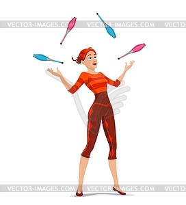 Circus woman juggler character juggling clubs - vector clipart
