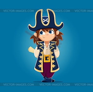 Cartoon kid girl pirate corsair, captain with map - vector image