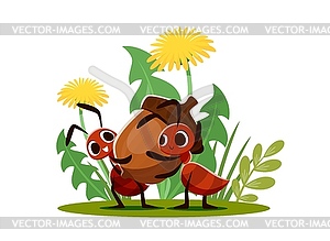 Ant characters carry an acorn natural summer scene - vector clipart / vector image