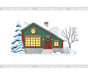 Christmas house under winter snow, holiday home - vector image