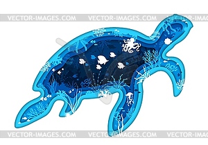 Paper cut turtle silhouette, underwater landscape - vector clipart