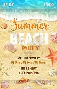 Summer beach party flyer with shell and on beach - vector clipart