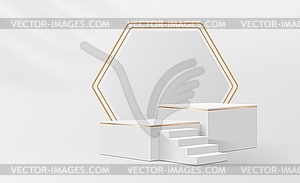 White podium, product stage stairs, golden frame - vector clip art