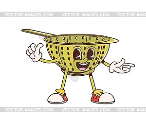 Retro groovy colander, kitchenware funny character - vector clipart