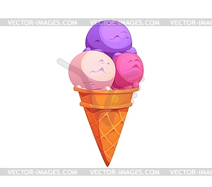 Cartoon fast food ice cream with colorful scoops - vector image