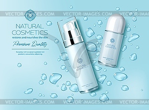 Moisture water cosmetics product bottle with drops - vector clip art